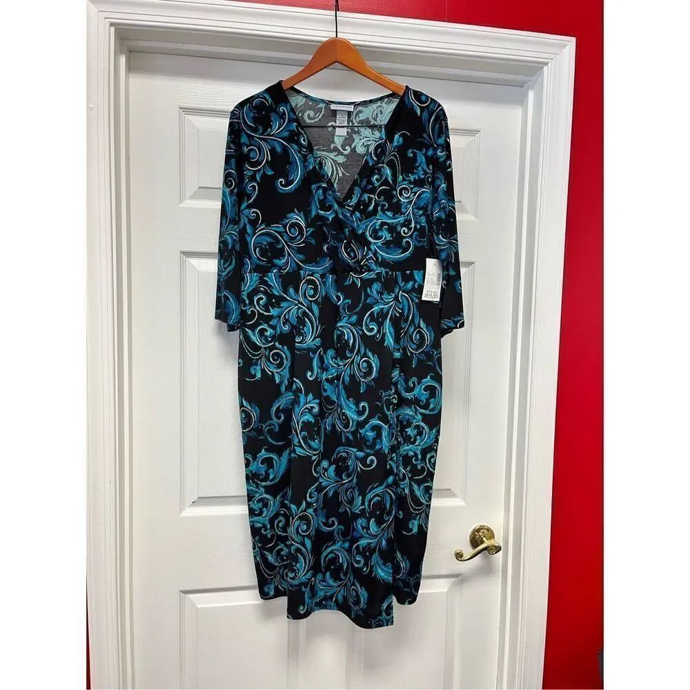 Catherine’s Black & Teal Print Cross Bodice Faux Wrap Dress sz 18/20 NWT